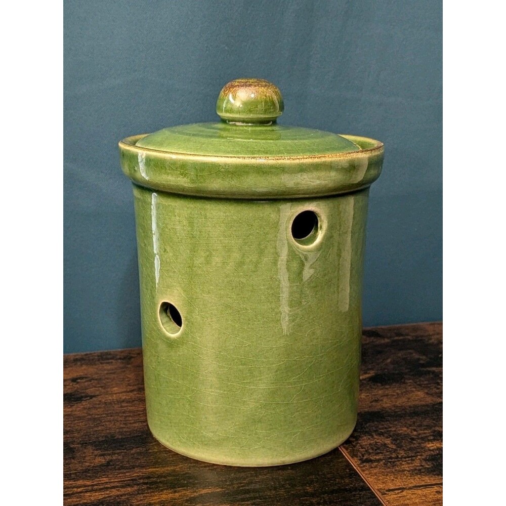 Vintage Sur La Table Garlic Aglio Canister Holder 6" Ceramic Pottery Italy Green - Picture 2 of 8